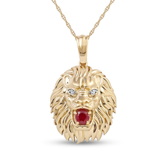 Men's 4.0mm Ruby and Natural Diamond Accent Lion Head Pendant in 10K Yellow Gold - 22"