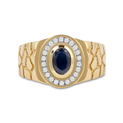 Men's Oval Blue Sapphire and 0.20 CT. T.W. Natural Diamond Frame Nugget Shank Ring in Solid 10K Yellow Gold