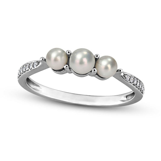 3.0-4.0mm Cultured Freshwater Pearl and 0.05 CT. T.W. Natural Diamond Three Stone Tapered Shank Ring in Solid 14K White Gold