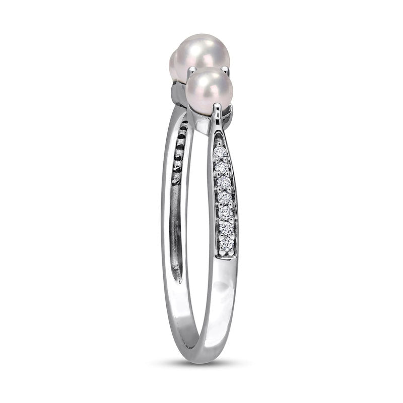 3.0-4.0mm Cultured Freshwater Pearl and 0.05 CT. T.W. Natural Diamond Three Stone Tapered Shank Ring in Solid 14K White Gold