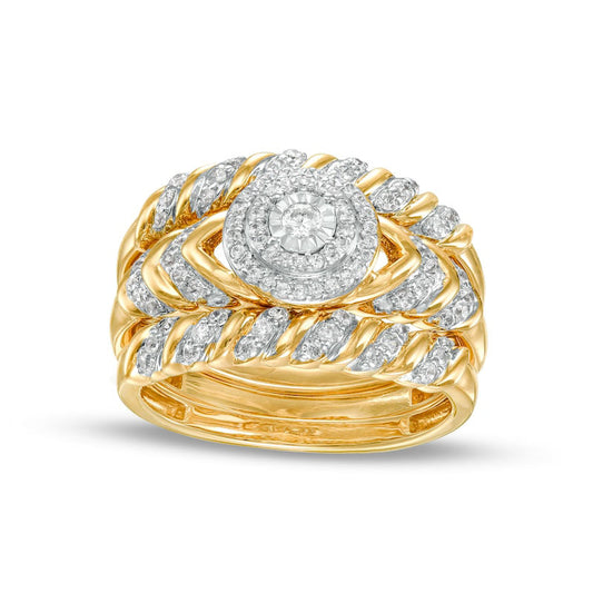 0.50 CT. T.W. Natural Diamond Double Frame Spiral Three Piece Bridal Engagement Ring Set in Solid 10K Yellow Gold (J/I3)