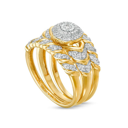 0.50 CT. T.W. Natural Diamond Double Frame Spiral Three Piece Bridal Engagement Ring Set in Solid 10K Yellow Gold (J/I3)
