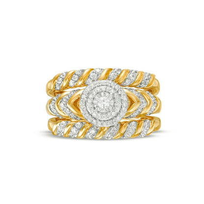 0.50 CT. T.W. Natural Diamond Double Frame Spiral Three Piece Bridal Engagement Ring Set in Solid 10K Yellow Gold (J/I3)