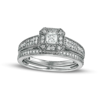 0.50 CT. T.W. Princess-Cut Natural Diamond Frame Three Piece Bridal Engagement Ring Set in Solid 10K White Gold (J/I3)