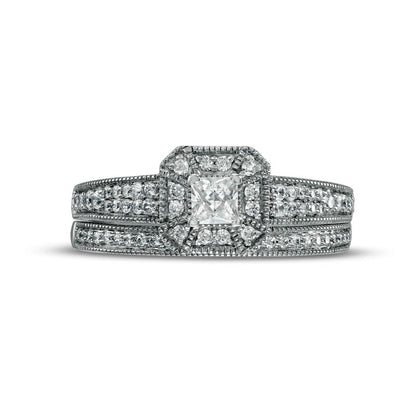 0.50 CT. T.W. Princess-Cut Natural Diamond Frame Three Piece Bridal Engagement Ring Set in Solid 10K White Gold (J/I3)