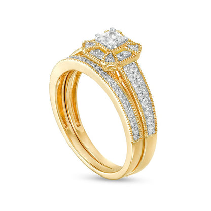 0.50 CT. T.W. Princess-Cut Natural Diamond Frame Three Piece Bridal Engagement Ring Set in Solid 10K Yellow Gold (J/I3)
