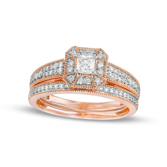 0.50 CT. T.W. Princess-Cut Natural Diamond Frame Three Piece Bridal Engagement Ring Set in Solid 10K Rose Gold (J/I3)