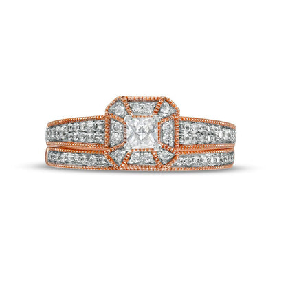0.50 CT. T.W. Princess-Cut Natural Diamond Frame Three Piece Bridal Engagement Ring Set in Solid 10K Rose Gold (J/I3)