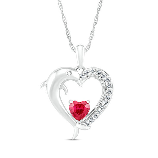 5.0mm Lab-Created Ruby and White Lab-Created Sapphire Dolphin Heart Pendant in Sterling Silver
