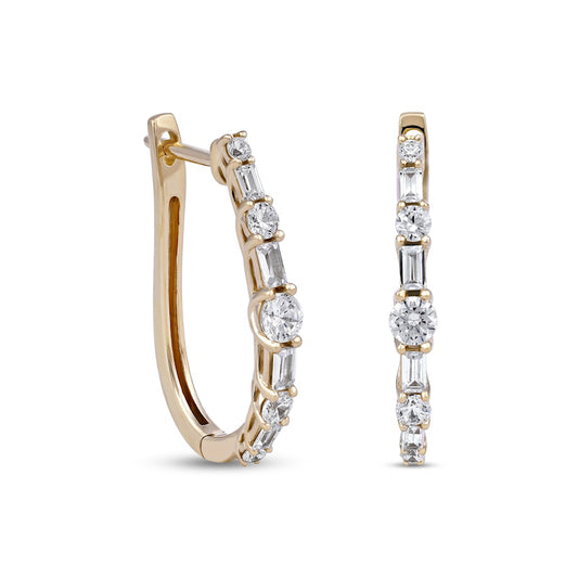 1 CT. T.W. Baguette and Round Diamond Alternating Oval Hoop Earrings in 10K Gold