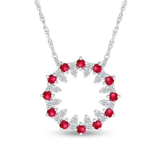 Lab-Created Ruby and White Lab-Created Sapphire Stacked Duo Alternating Open Circle Pendant in Sterling Silver