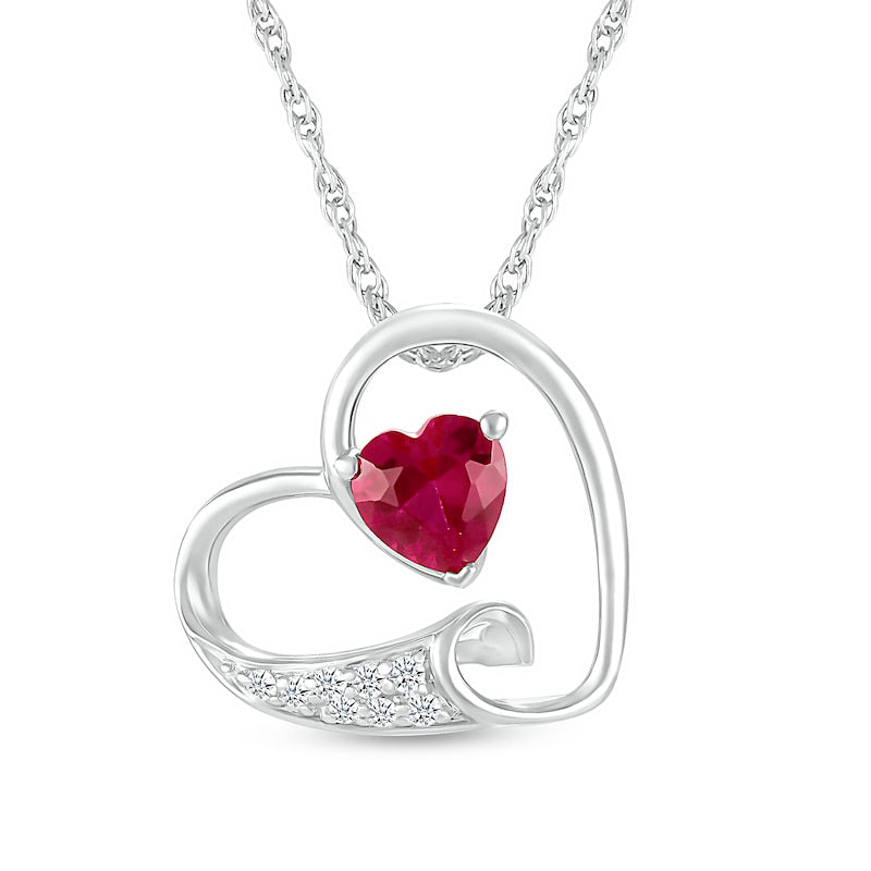 5.0mm Lab-Created Ruby and White Lab-Created Sapphire Tilted Loop Heart Pendant in Sterling Silver