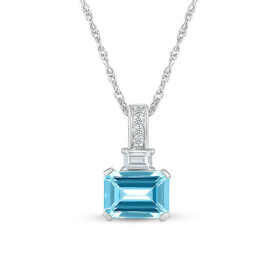Emerald-Cut Swiss Blue Topaz and Baguette and Round White Lab-Created Sapphire Stacked Pendant in Sterling Silver