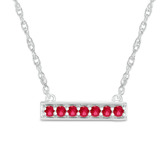 Lab-Created Ruby Seven Stone Border Bar Necklace in Sterling Silver