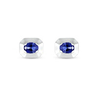 Oval Blue Lab-Created Sapphire Solitaire Octagonal Frame Stud Earrings in Sterling Silver