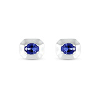 Oval Blue Lab-Created Sapphire Solitaire Octagonal Frame Stud Earrings in Sterling Silver