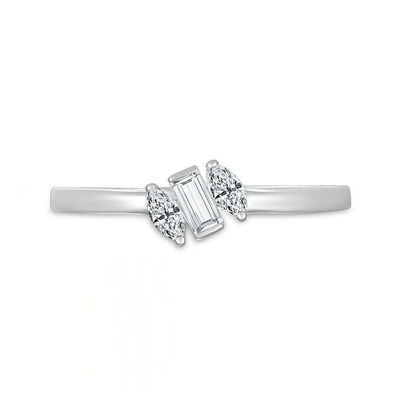 Baguette and Marquise White Lab-Created Sapphire Three Stone Slant Geometric Ring in Sterling Silver