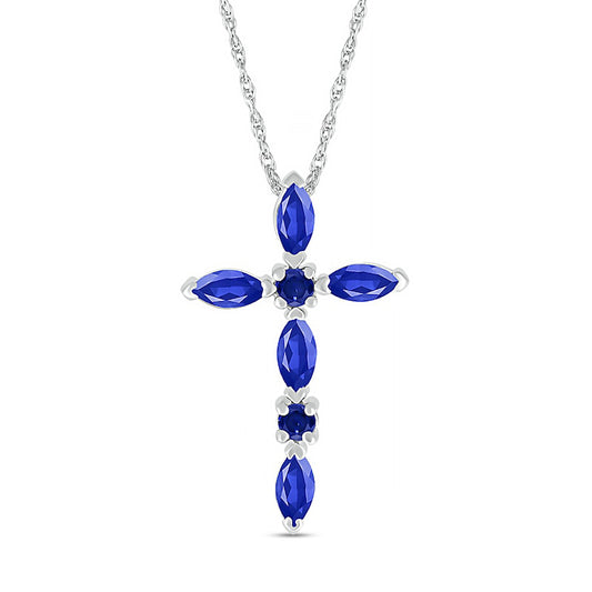 Marquise and Round Blue Lab-Created Sapphire Alternating Cross Pendant in Sterling Silver