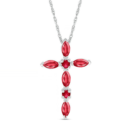 Marquise and Round Lab-Created Ruby Alternating Cross Pendant in Sterling Silver