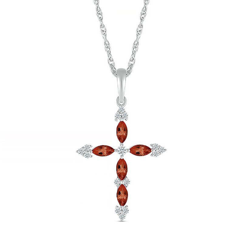 Marquise Garnet and 0.07 CT. T.W. Natural Diamond Tri-Tip Cross Pendant in Sterling Silver