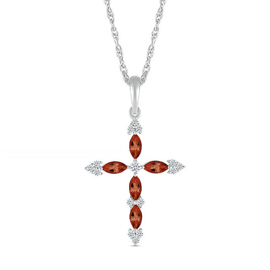 Marquise Garnet and 0.07 CT. T.W. Natural Diamond Tri-Tip Cross Pendant in Sterling Silver