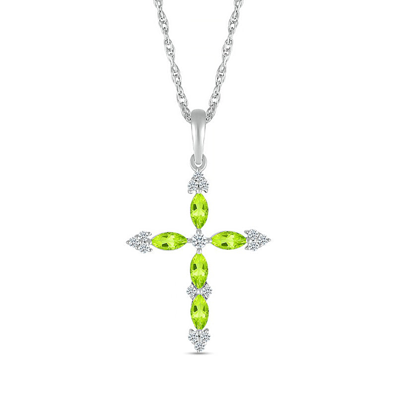 Marquise Peridot and 0.07 CT. T.W. Natural Diamond Tri-Tip Cross Pendant in Sterling Silver