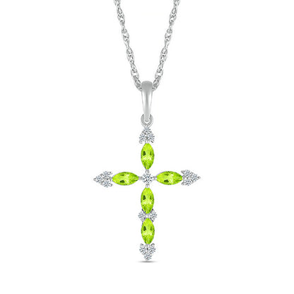 Marquise Peridot and 0.07 CT. T.W. Natural Diamond Tri-Tip Cross Pendant in Sterling Silver
