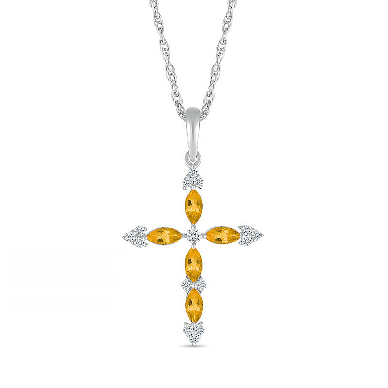 Marquise Citrine and 0.07 CT. T.W. Natural Diamond Tri-Tip Cross Pendant in Sterling Silver