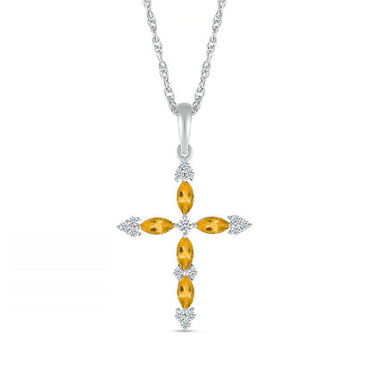 Marquise Citrine and 0.07 CT. T.W. Natural Diamond Tri-Tip Cross Pendant in Sterling Silver