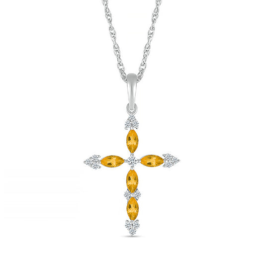 Marquise Citrine and 0.07 CT. T.W. Natural Diamond Tri-Tip Cross Pendant in Sterling Silver