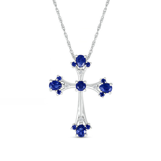 Pear-Shaped and Round Blue and White Lab-Created Sapphire Gothic-Style Cross Pendant in Sterling Silver