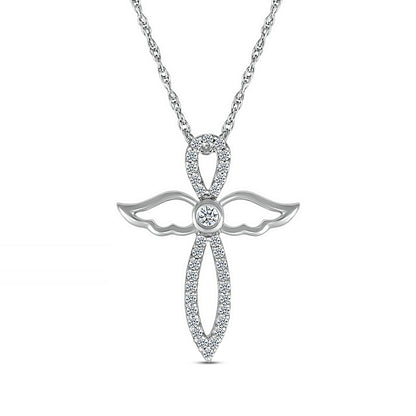 White Lab-Created Sapphire Angel Wing Cross Pendant in Sterling Silver