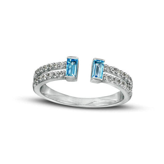 Baguette Swiss Blue Topaz and White Lab-Created Sapphire Open Shank Ring in Sterling Silver