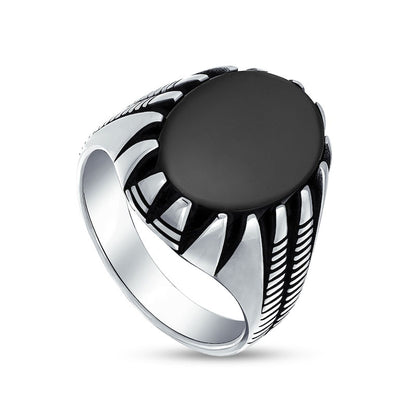 Men's Oval Black Onyx Cabochon Claw Frame Double Row Ring in Sterling Silver