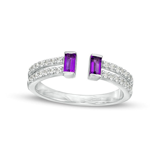 Baguette Amethyst and White Lab-Created Sapphire Open Shank Ring in Sterling Silver - Size 7