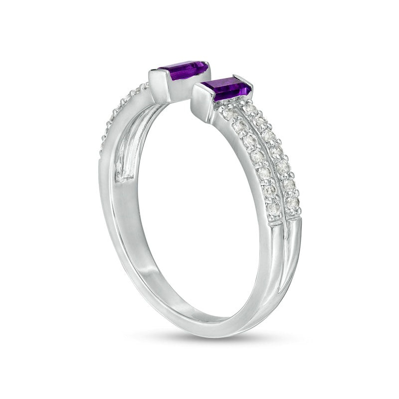 Baguette Amethyst and White Lab-Created Sapphire Open Shank Ring in Sterling Silver - Size 7