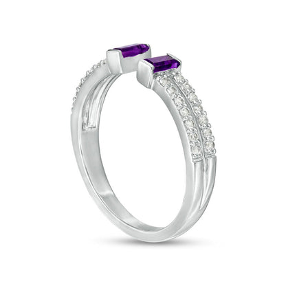 Baguette Amethyst and White Lab-Created Sapphire Open Shank Ring in Sterling Silver - Size 7
