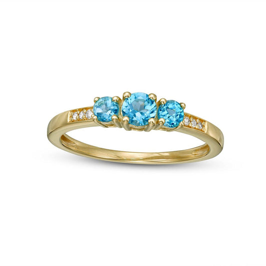 Swiss Blue Topaz and Natural Diamond Accent Three Stone Ring in Solid 10K Yellow Gold