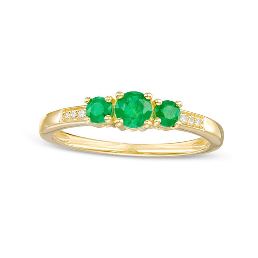 Emerald and Natural Diamond Accent Three Stone Ring in Solid 10K Yellow Gold