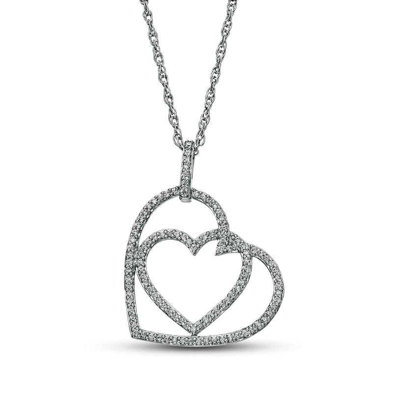 0.25 CT. T.W. Natural Diamond Interlocking Offset Hearts Pendant in 10K White Gold