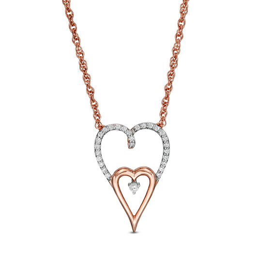 0.17 CT. T.W. Natural Diamond Double Elongated Heart Necklace in Sterling Silver with 14K Rose Gold Plate