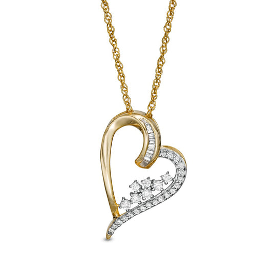 0.25 CT. T.W. Baguette and Round Natural Diamond Tilted Scatter Heart Pendant in 10K Yellow Gold