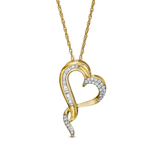 0.17 CT. T.W. Baguette and Round Natural Diamond Twist Heart Pendant in 10K Yellow Gold