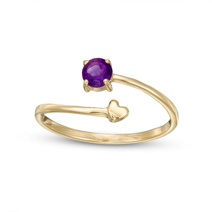 4.0mm Amethyst and Polished Heart Open Wrap Ring in Solid 10K Yellow Gold