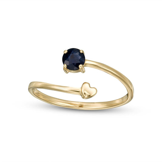 4.0mm Blue Sapphire and Polished Heart Open Wrap Ring in Solid 10K Yellow Gold