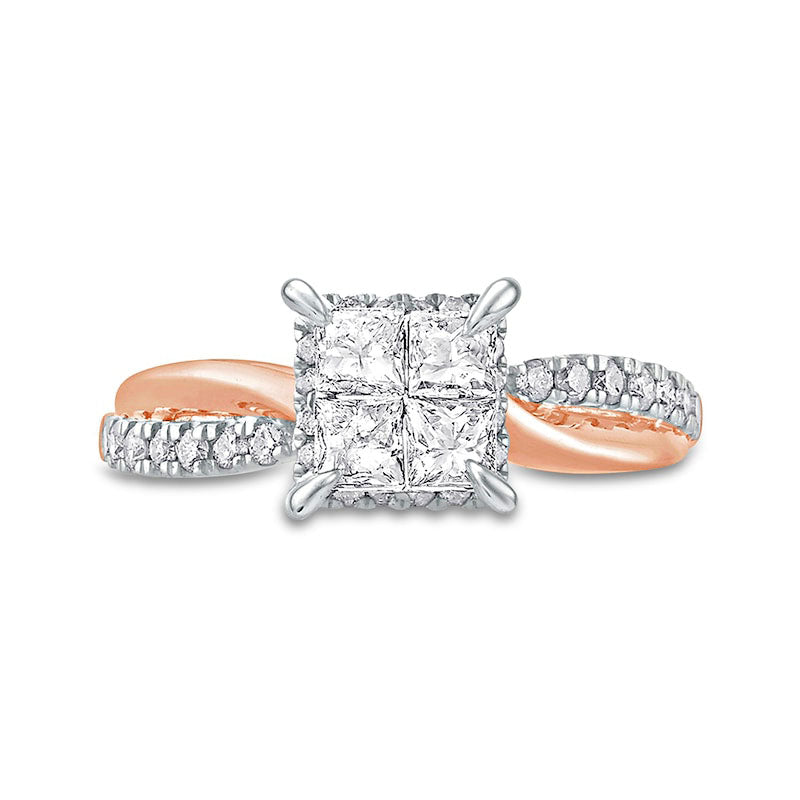 1.0 CT. T.W. Quad Princess-Cut Natural Diamond Hidden Halo Twist Shank Engagement Ring in Solid 10K Rose Gold (I/I2)