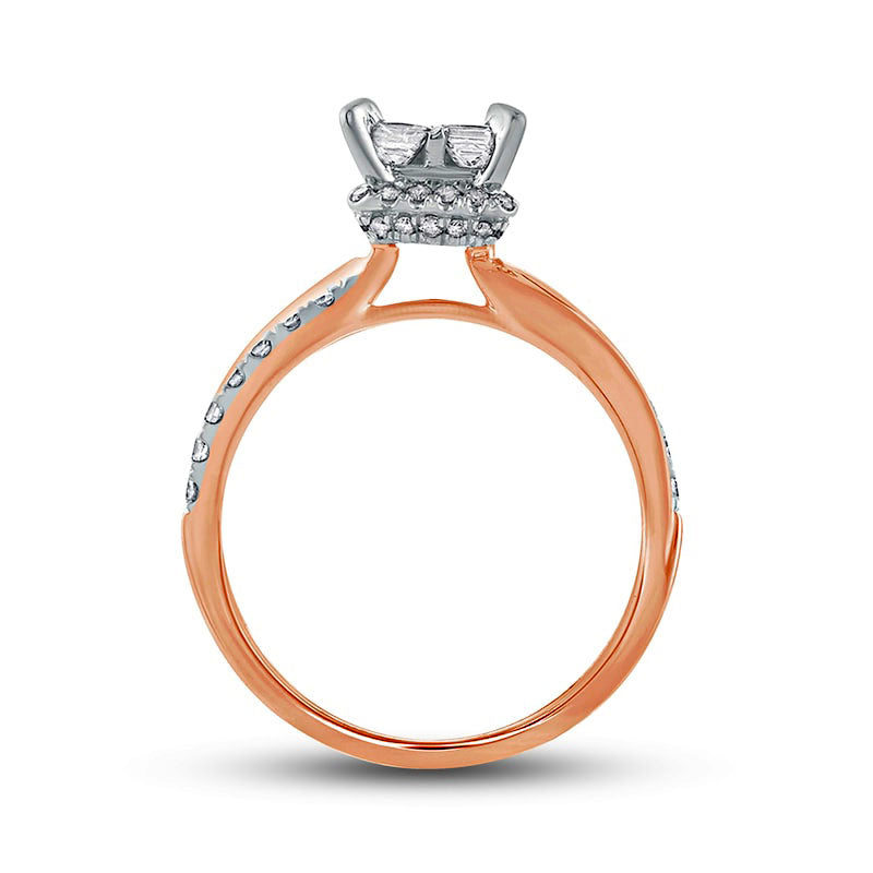 1.0 CT. T.W. Quad Princess-Cut Natural Diamond Hidden Halo Twist Shank Engagement Ring in Solid 10K Rose Gold (I/I2)