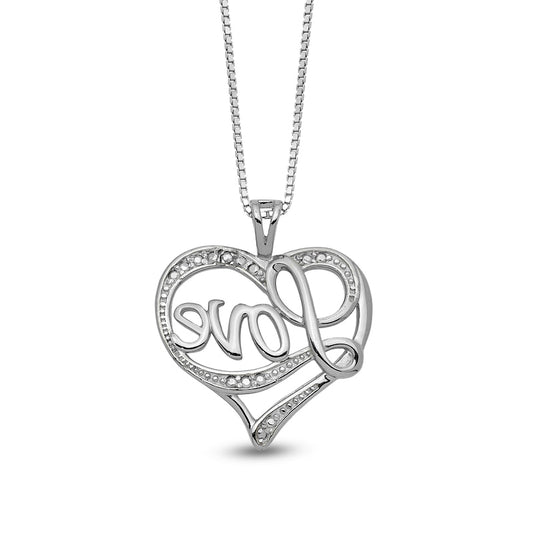 Natural Diamond Accent Beaded Cursive "Love" with Ribbon Heart Pendant in Sterling Silver – 16"