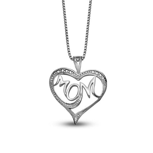 Natural Diamond Accent Beaded "MOM" Loop Heart Pendant in Sterling Silver – 16"
