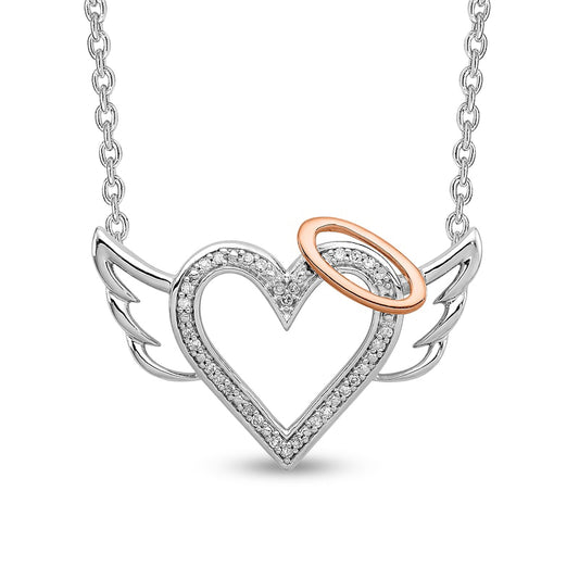 0.1 CT. T.W. Natural Diamond Beaded Heart with Halo and Angel Wings Necklace in Sterling Silver and 10K Rose Gold